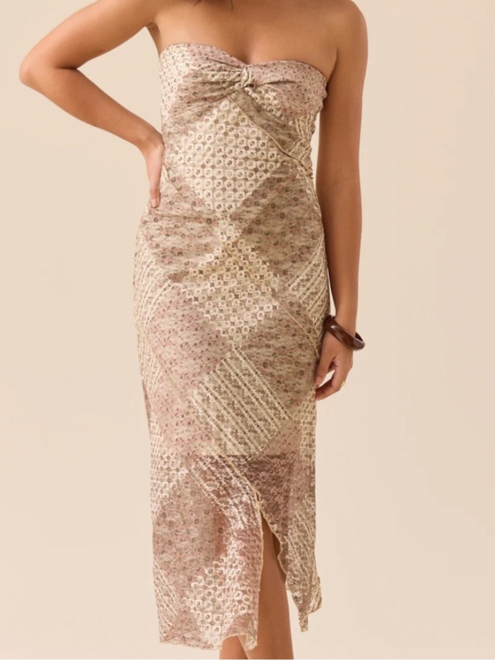 NWT Altar'd State Strapless Floral Patchwork Lace Midi Dress Nude, Cream, Pink